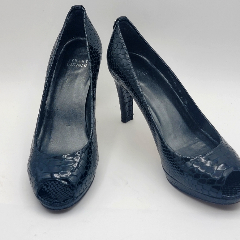 Stuart Weitzman, Blue/Black Snake Skin PeepToe Heels.‎ Size 8M.  #1213